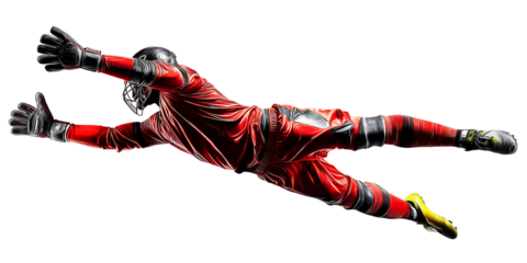 Professional soccer goalkeeper in red uniform diving to save the ball during a match Concept of sports, action, competition, and athleticism