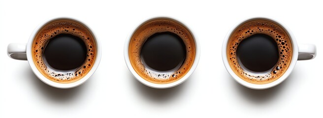 Three coffee cups with dark liquid and bubbles on a white background.