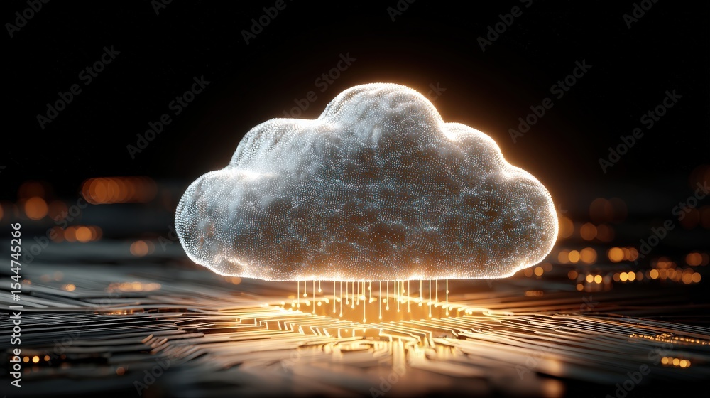 Poster a glowing digital cloud hovers above a circuit board, symbolizing cloud computing and data transfer 