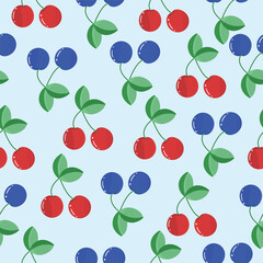 Seamless pattern with stylized red and blue cherries on a soft cream background, framed with a light border. Perfect for packaging, stationery, textiles, and digital backgrounds