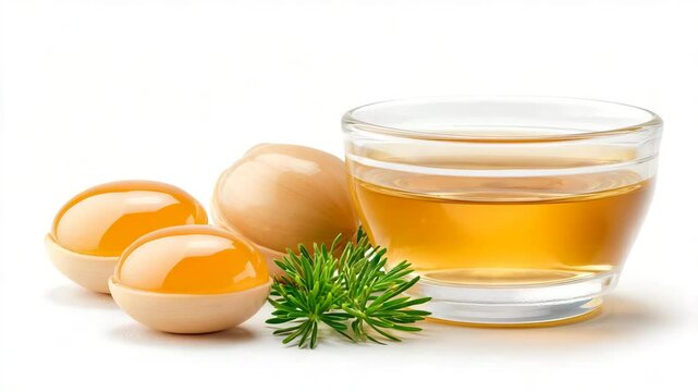A glass bowl of garlic oil with fresh garlic cloves and green herbs on a white background.