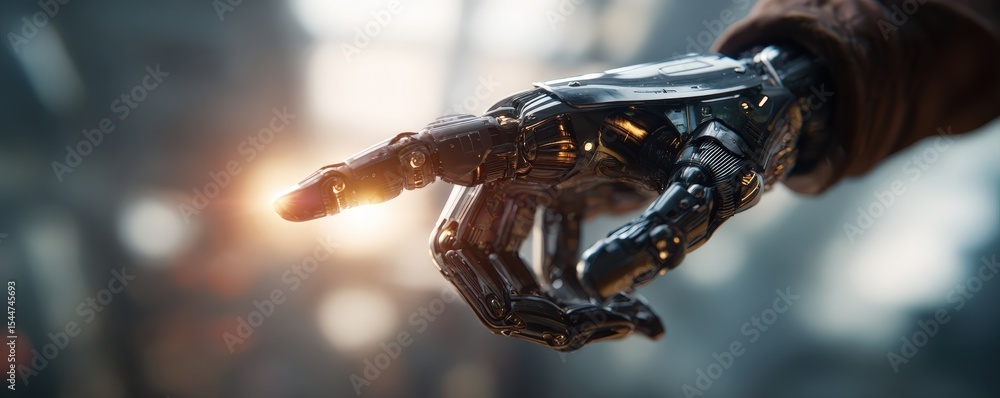Poster a futuristic robotic hand with detailed mechanical components points forward, illuminated by a soft 