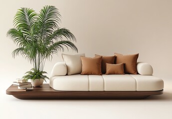 Modern sofa with decorative pillows and a potted palm nearby.