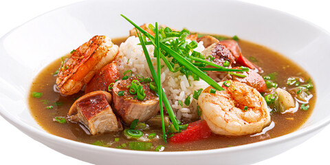 Delicious Seafood Gumbo with Shrimp, Sausage, and Rice in a White Bowl Traditional Cajun Cuisine with Fresh Herbs Concept of Comfort Food and Southern Cooking