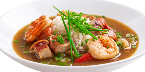 Delicious Seafood Gumbo with Shrimp, Sausage, and Rice in a White Bowl Traditional Cajun Cuisine with Fresh Herbs Concept of Comfort Food and Southern Cooking