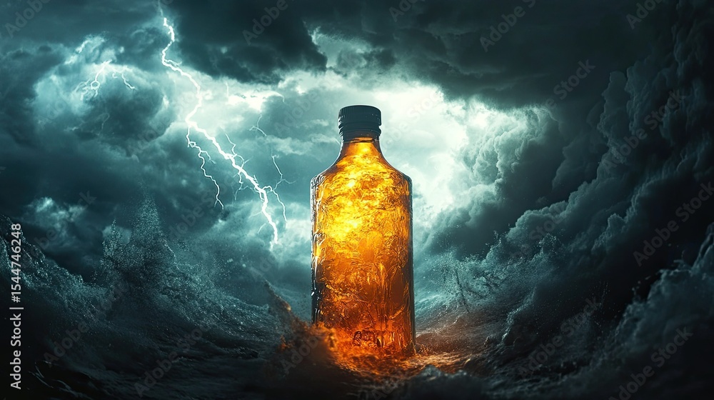Poster dramatic stormy scene with illuminated bottle in turbulent waves and dark clouds creating a mysterio