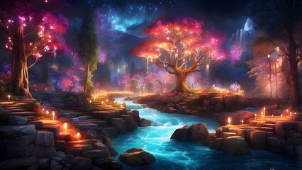 A glowing enchanted forest with radiant rivers of light, fantasy and mythology desktop wallpaper backdrop, cinematic HDR vibrant theme colors, promo movie sales poster banner book cover background