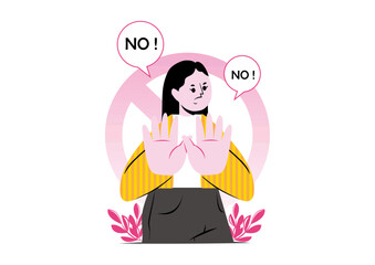 Flat Woman saying no with hands up in front of prohibition sign