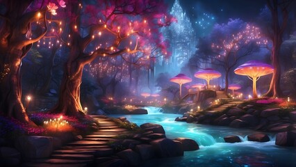 A glowing enchanted forest with radiant rivers of light, fantasy and mythology desktop wallpaper backdrop, cinematic HDR vibrant theme colors, promo movie sales poster banner book cover background