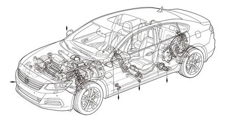 Car Blueprint Diagram with Engine and Interior Details
