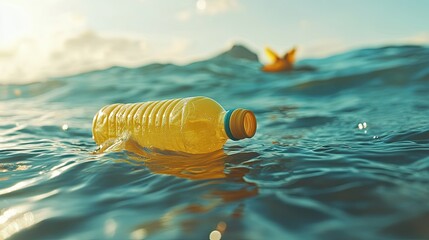 Obraz premium Plastic bottle floating on ocean surface, illustrating pollution in marine environment, vibrant waves and sunlight reflecting, highlighting environmental issues