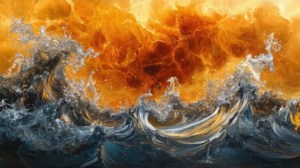 Dramatic Ocean Waves Under Fiery Orange Sky at Sunset with Turbulent Waters and Energetic Movement Captured in Stunning Abstract Art Style
