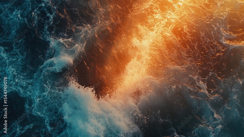 Poster vibrant sunset over ocean waves with reflections of orange light creating dynamic patterns on water 