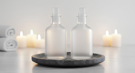 Blank massage oil bottle and spa stones with candlelight isolated, 3d rendering, Isolated wellness branding, aromatherapy mockup, template.