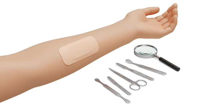 Blank skin patch on forearm with dermatology tools isolated, 3d rendering, Isolated biotech branding, pharma UX template.