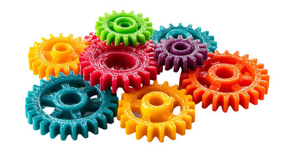 Colorful Gears in Perfect Mesh: A vibrant array of multicolored gears interlock seamlessly, showcasing intricate engineering and symbolizing teamwork, cooperation, and mechanical precision.