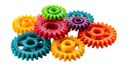 Colorful Gears in Perfect Mesh: A vibrant array of multicolored gears interlock seamlessly, showcasing intricate engineering and symbolizing teamwork, cooperation, and mechanical precision.