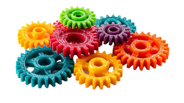 Colorful Gears in Perfect Mesh: A vibrant array of multicolored gears interlock seamlessly, showcasing intricate engineering and symbolizing teamwork, cooperation, and mechanical precision.