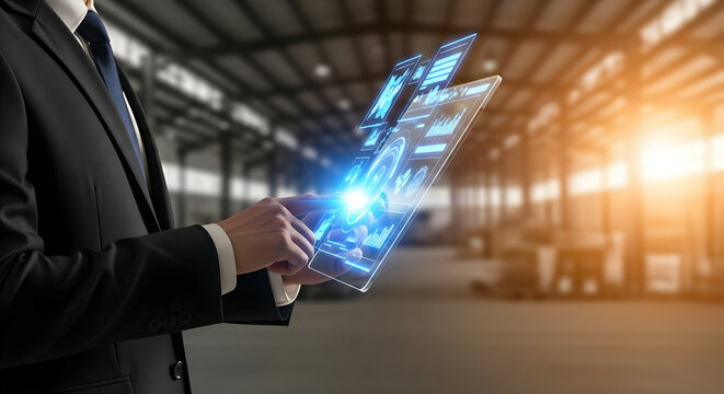 Businessman using futuristic tablet