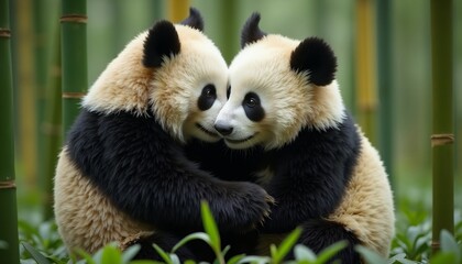 Obraz premium Two pandas hugging in bamboo forest