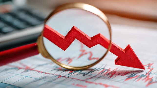 A red downward arrow graph is magnified by a gold magnifying glass, highlighting a decline in financial or stock market data.