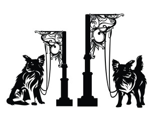 elegant wrought iron post to tie the pet outside the shop - dog parking lot luxurious black and white vector design set