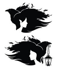 shaman sharp eared elf woman with pet raven bird holding lantern and flying in the wind  long hair black and white vector fantasy portrait