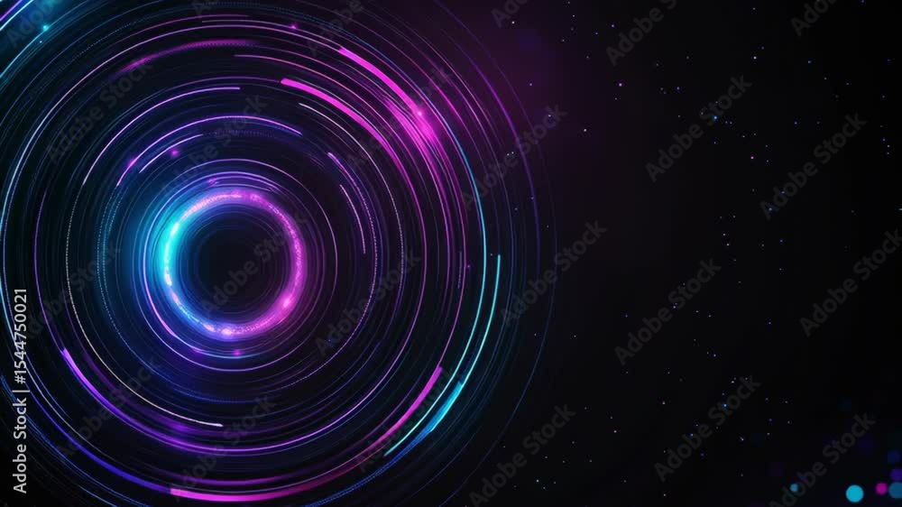 Poster vibrant abstract circular patterns with swirling light trails and cosmic sparkles creating a mesmeri
