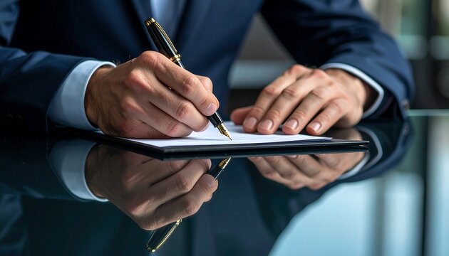 Close-up of businessman's hands signing document with gold fountain pen - Powered by Adobe