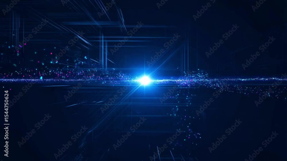 Poster a bright light shines in the center of a dark blue space with lines and particles emitting from it a