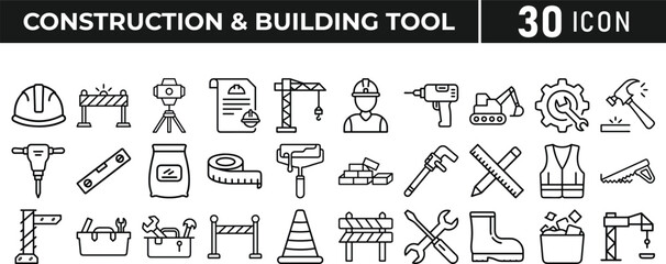 Set of 30 outline icons related to construction and building, line icon bundle