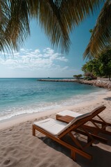 Tranquil beach scene with palm trees and lounge chairs on sandy shoreline