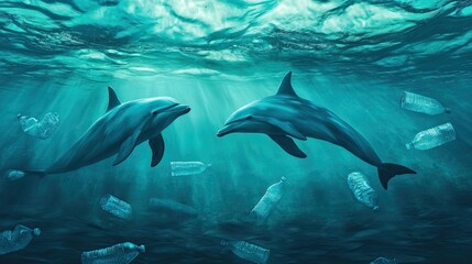 Fototapeta premium Dolphins swimming gracefully in a vibrant underwater scene filled with plastic waste highlighting ocean pollution and environmental issues