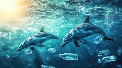 Fototapeta premium Two Dolphins Swimming Gracefully Through Clear Water Surrounded by Plastic Bottles Highlighting Ocean Pollution and Marine Conservation Efforts