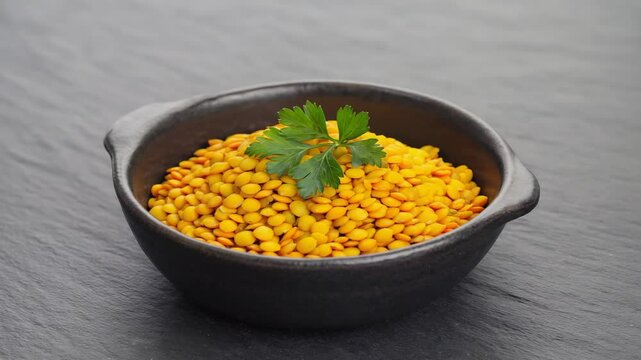 Black bowl with yellow lentils and green parsley on dark textured surface, food concept.