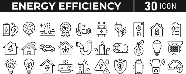Set of 30 outline icons related to energy efficiency, line icon bundle