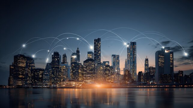 A city skyline at night with illuminated buildings connected by glowing digital network lines, symbolizing modern urban connectivity and smart technology.