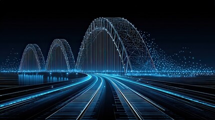Digital illustration of a futuristic bridge with glowing blue lines and dots, representing advanced technology and connectivity in a sleek, cyber-inspired design.