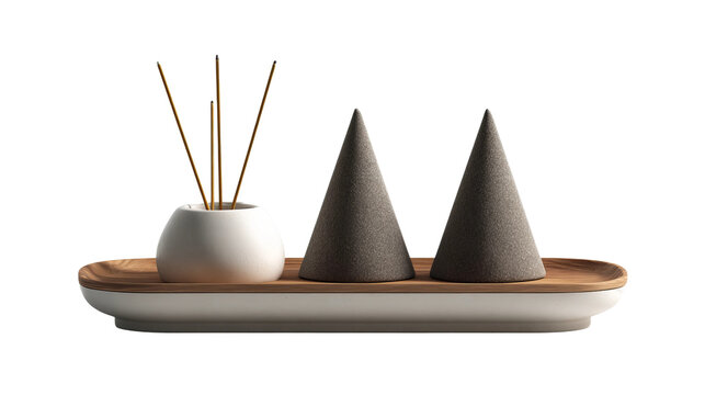 Aromatic Harmony: An artistic display of tranquility and relaxation, featuring a ceramic diffuser with incense sticks alongside two cone-shaped elements arranged upon a wooden tray.