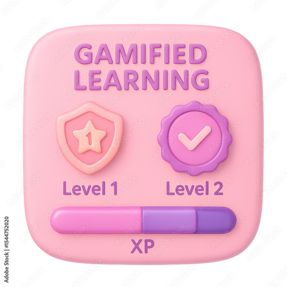 Poster gamified learning dashboard featuring pink design with badges and progress indicators. interface sho