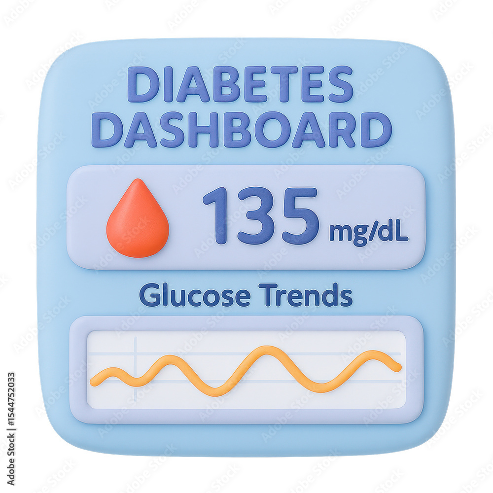 Poster diabetes management dashboard displaying glucose level of 135 mg/dl, featuring visual representation