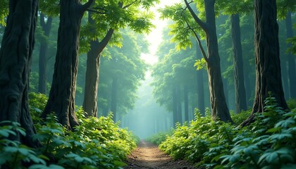 Forest Path with Green Trees and Sunlight