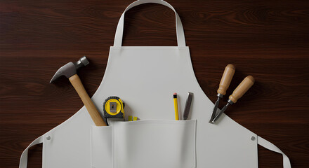 Blank white work apron on table with carpenter tools mockup 