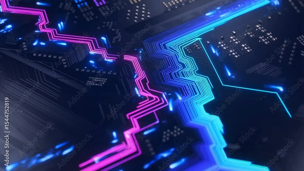 Poster close up view of a dark circuit board with blue and pink glowing lines and small components visible