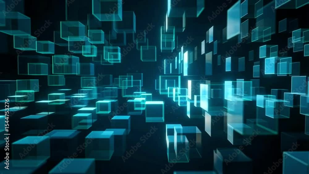 Poster floating transparent blue cubes on a dark background creating a futuristic tech abstract scene look