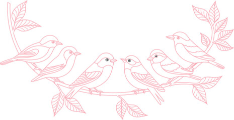 Elegant Pink Line Art Depiction of Birds Perched on a Branch with Leaves, Creating a Serene and Delicate Aesthetic