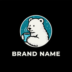 Cute Cartoon Polar Bear Logo Holding Coffee Cup in Circle Icon