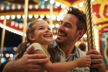 Father and daughter laughing on carousel at night with glowing lights and blurred background