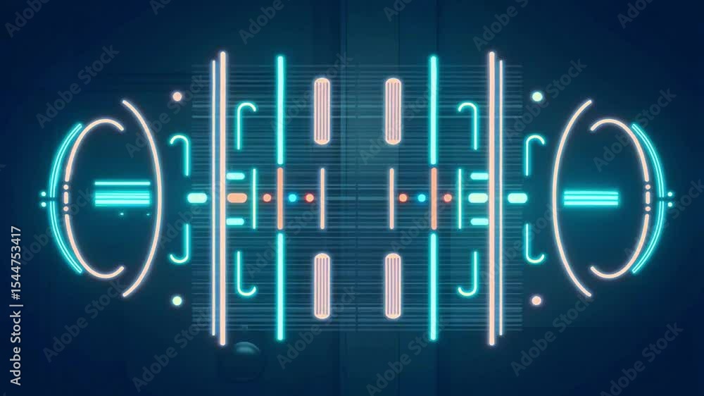 Poster abstract symmetrical neon design with circles lines and dots against a dark blue background