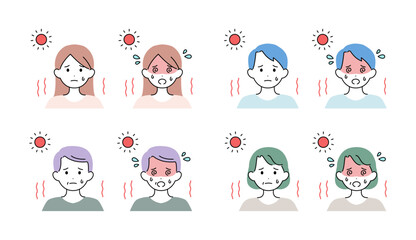熱中症 男女 年配 お年寄り 夏 イラスト素材セット ベクター